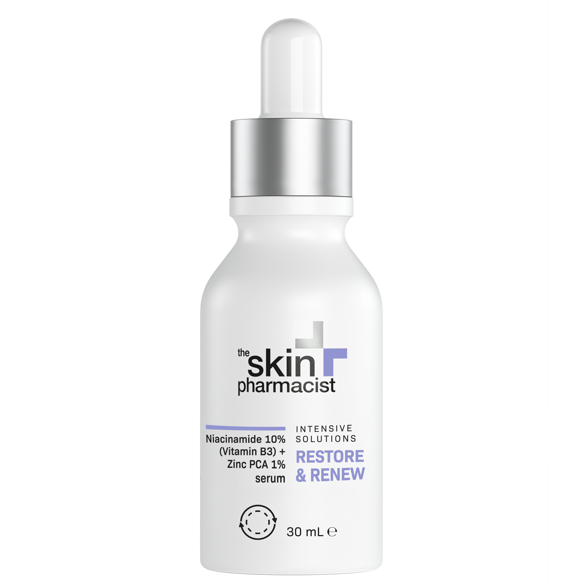 Συσκευασία του προϊόντος RESTORE & RENIEW - Niacinamide 10% (vitamin B3) + Zinc PCA 1% Serum 30ml της The Skin Pharmacist.