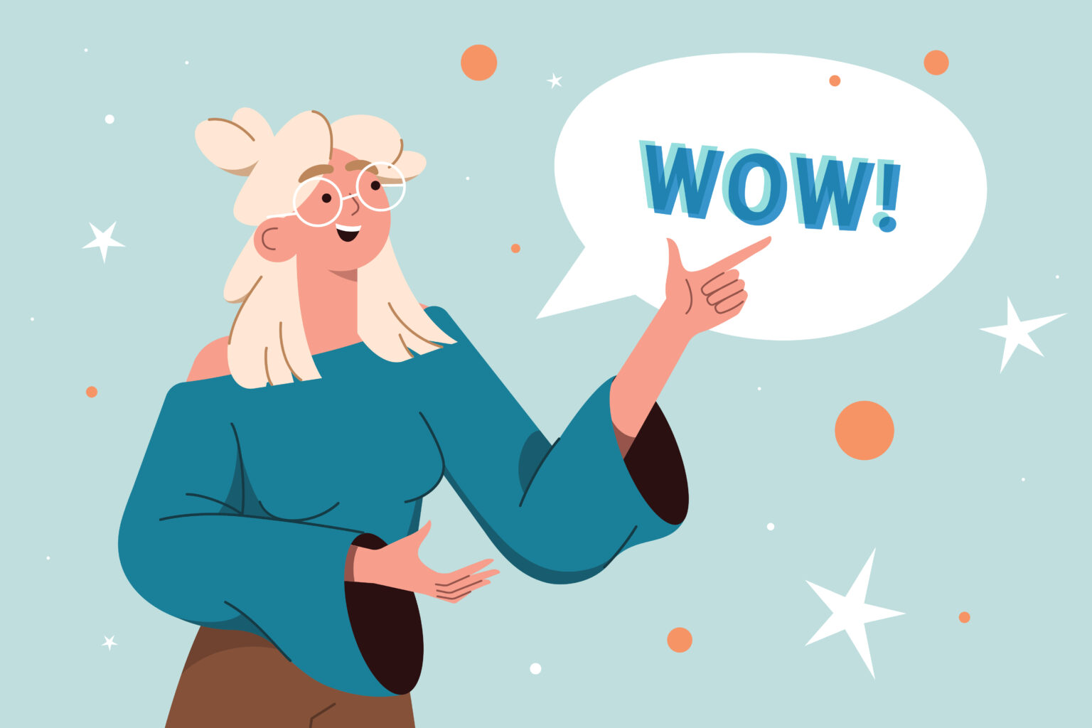 Blond smile woman points a finger to wow speech bubble