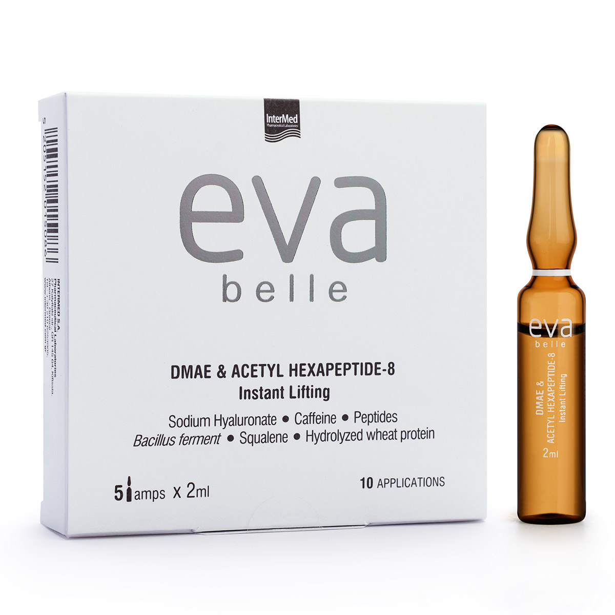 Συσκευασία του προϊόντος Eva Belle Αμπούλες DMAE & ACETYL HEXAPEPTIDE-8 της InterMed.
