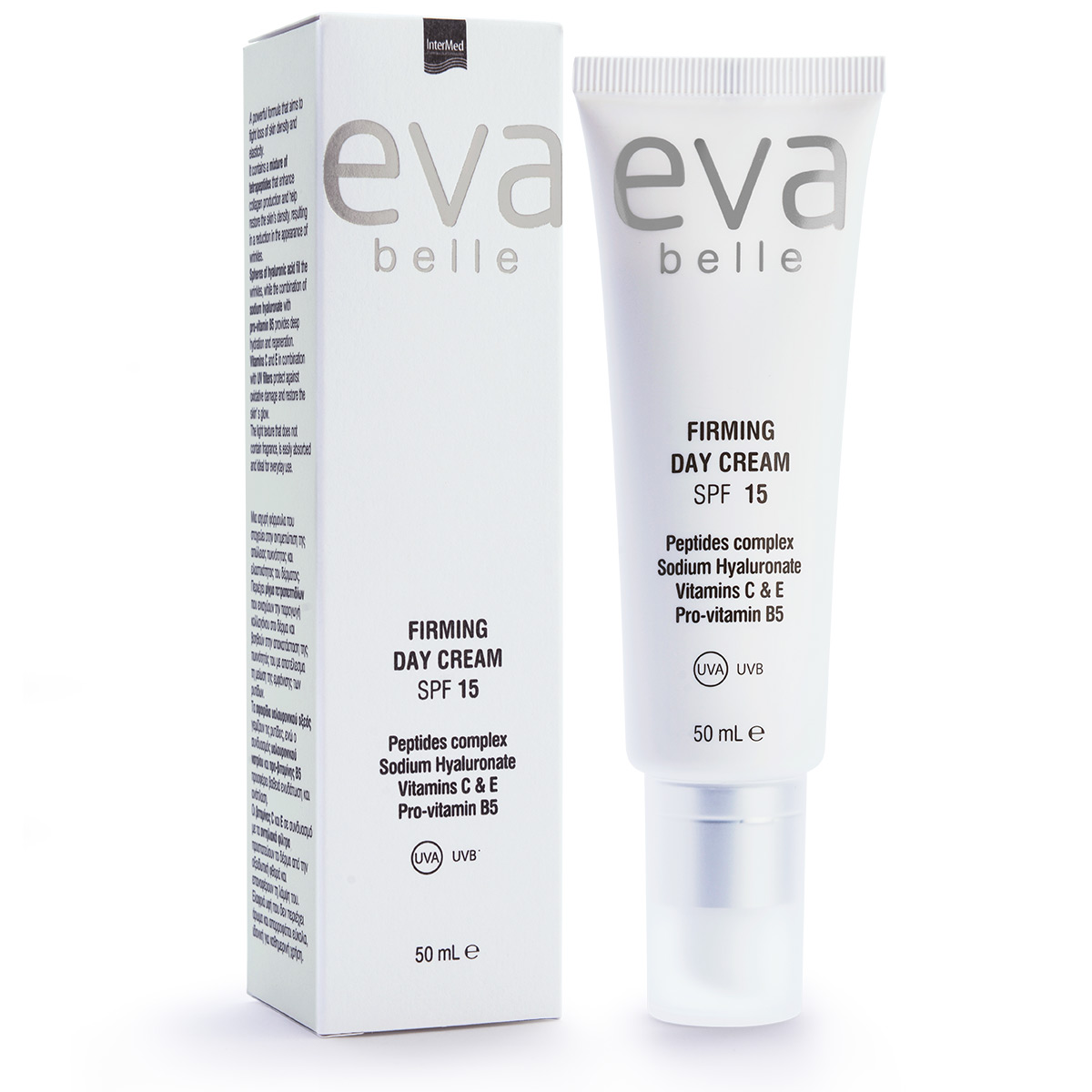 Συσκευασία του προϊόντος Eva Belle Firming Day Cream SPF15 της InterMed.