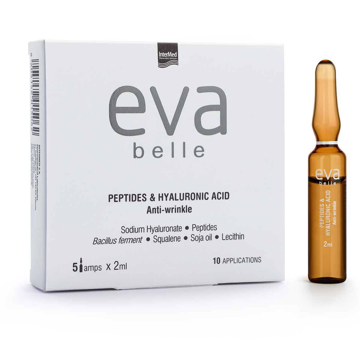 Συσκευασία του προϊόντος Eva Belle Αμπούλες PEPTIDES & HYALURONIC ACID της InterMed.