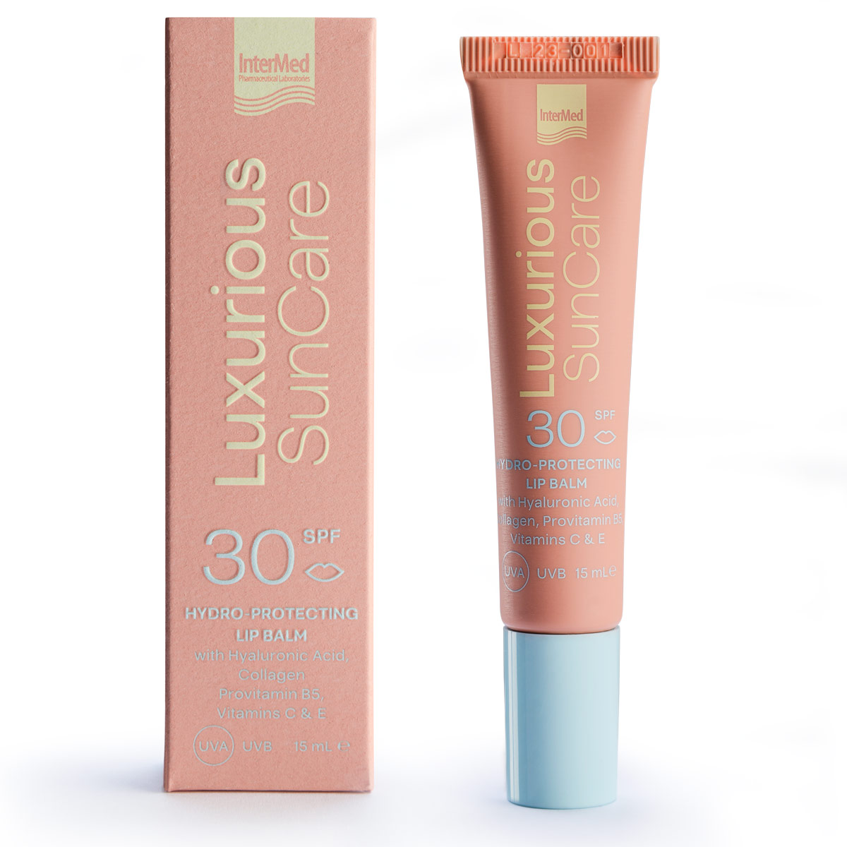 Συσκευασία του προϊόντος Luxurious Protective & Hydrating Lip Balm SPF 30 της InterMed. 