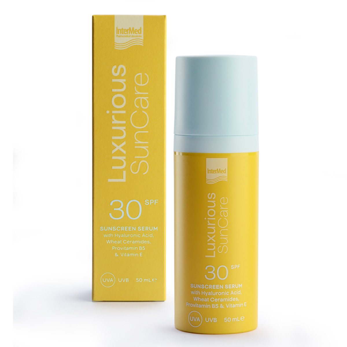 Συσκευασία του προϊόντος Luxurious SunCare Sunscreen Face Serum SPF 30 της InterMed.