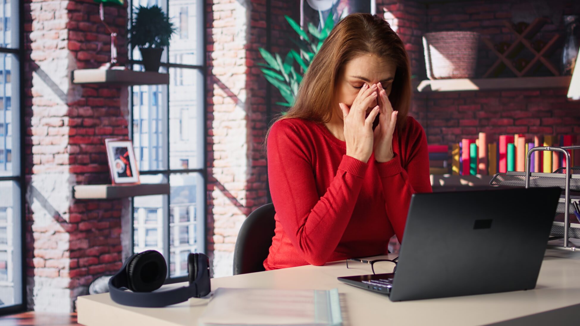 Stressed woman at home desk battling job burnout and exhaustion