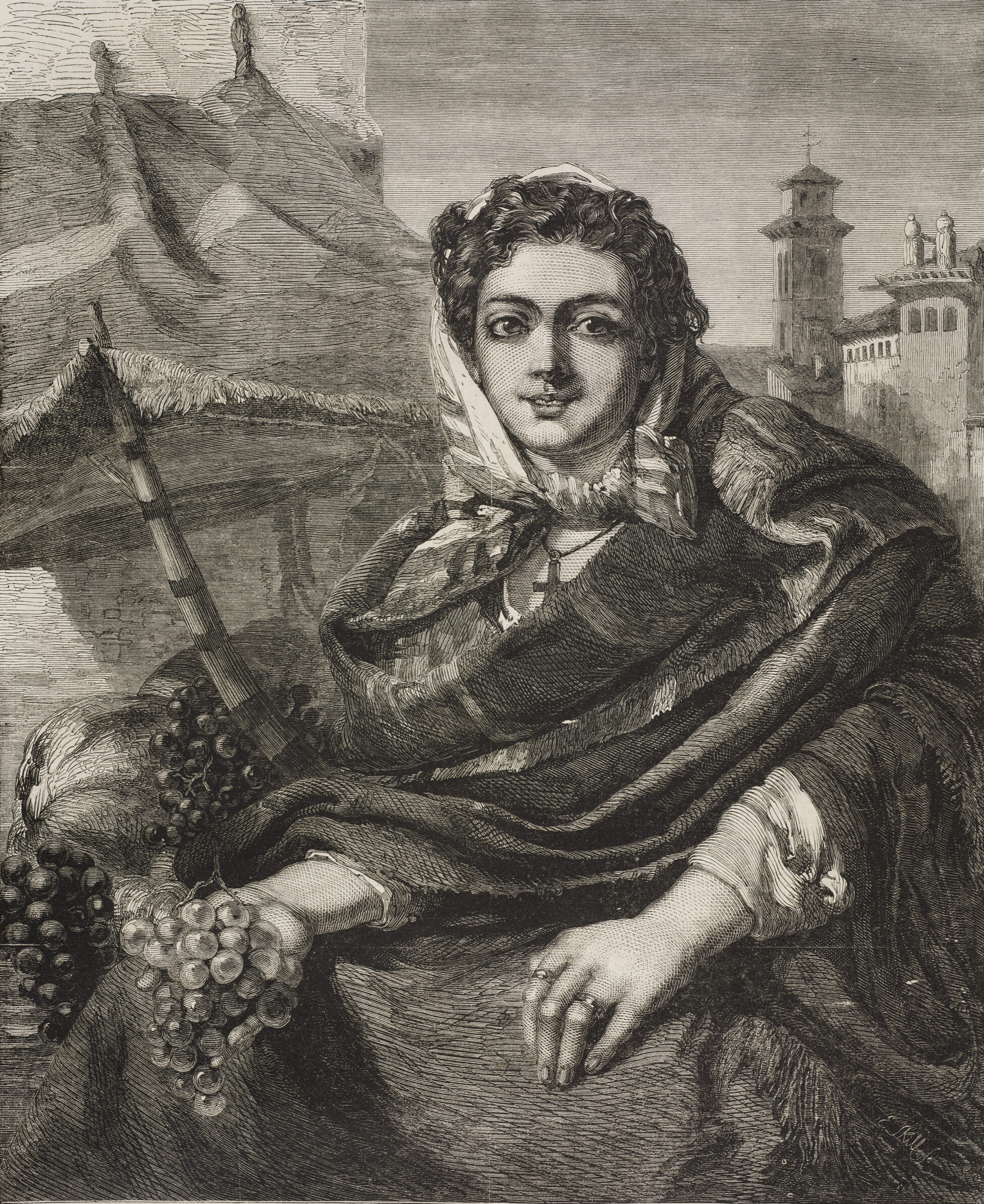 Grapeseller, engraving, painting by J. Phillip