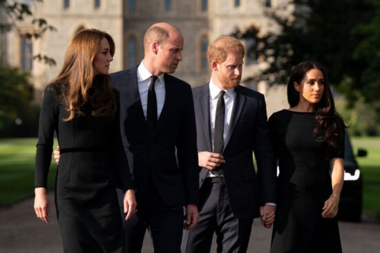 The Prince and Princess of Wales Accompanied By The Duke And Duchess Of Sussex Greet Wellwishers Outside Windsor Castle